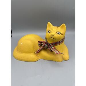 Vintage Yellow Cat Figurine Folk Art Style with Plaid Ribbon & Bell 10” Long